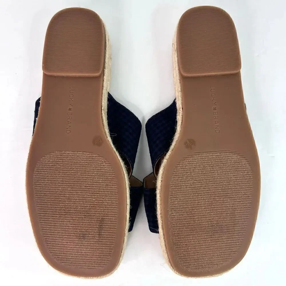 NWOB! Lucky Brand Gayte Espadrilles Slides Slip On Check Blue Sandals Sz 7.5
